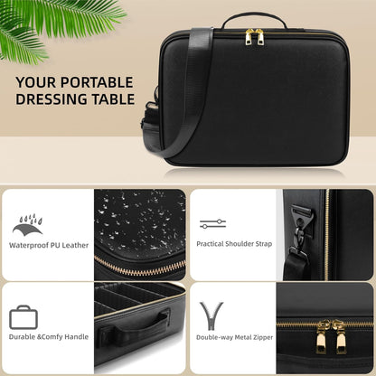 15“×11“Professional Makeup Train Case,Large Waterproof Travel Makeup bag with Mirror and Light, Leather Black Make up Bag with Mirror and Light,Led Makeup Case with Adjustable Dividers