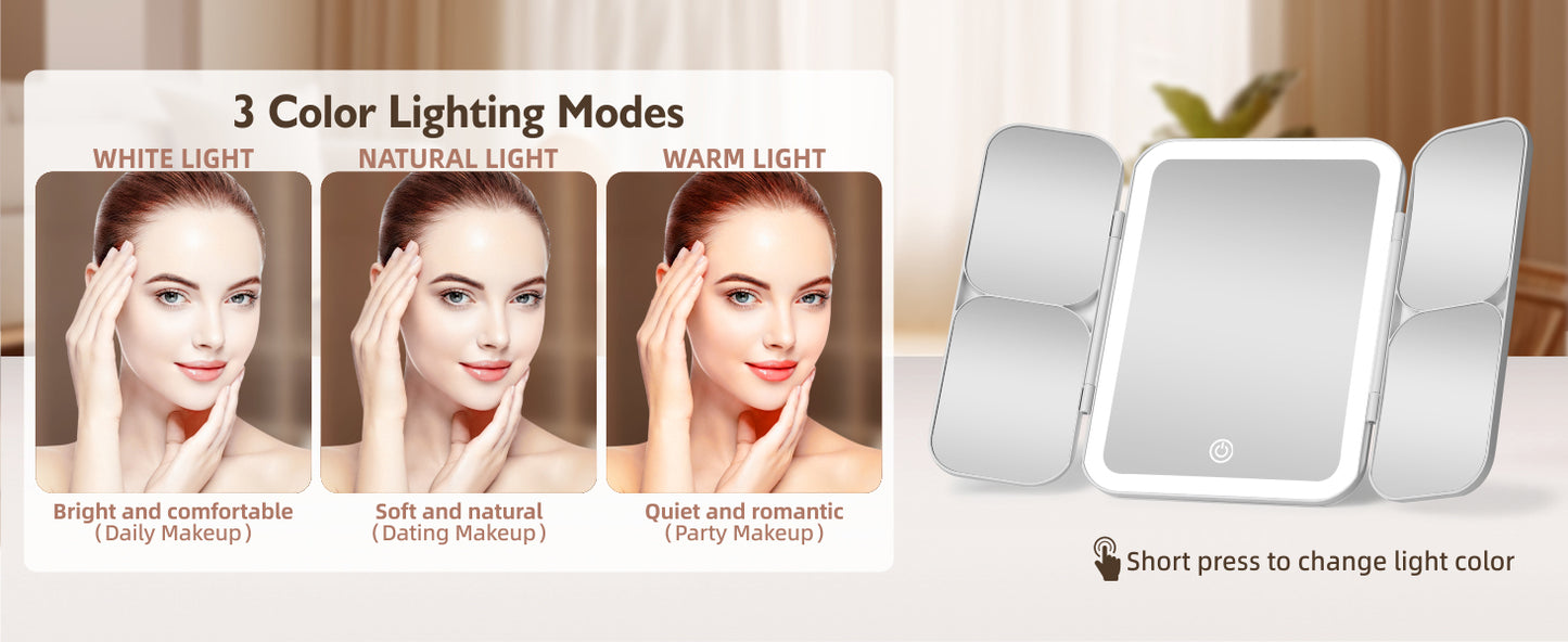 Tri-fold Vanity Mirror with Light,1X/5X/10X/20X/30X Makeup Magnifying Mirror with Lights,Rechargeable Travel Makeup Mirror with Foldable Stand,Dimmable in 3 Colors,Touch Control